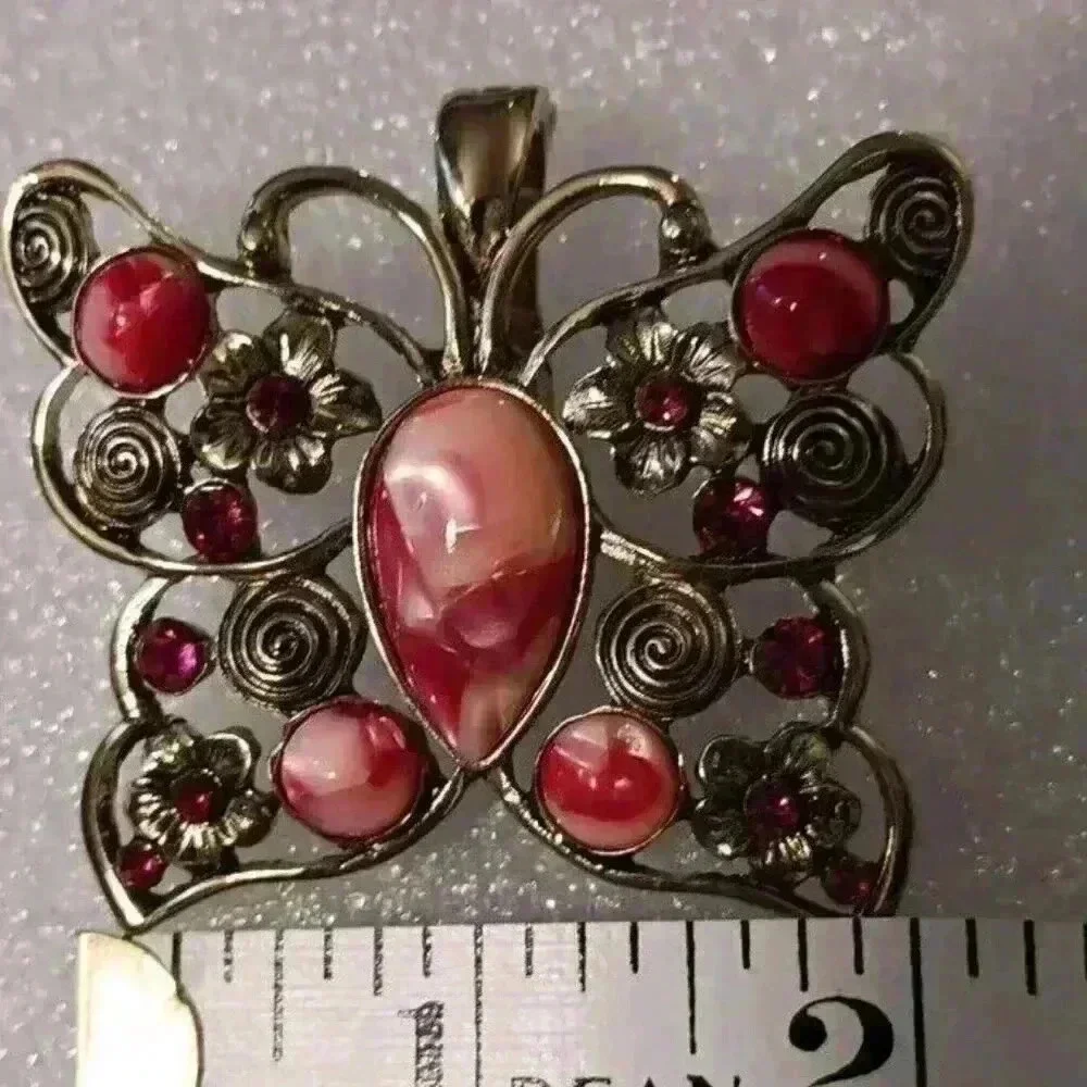 Vintage RMN Butterfly Floral Pendant Pink Silver Trim 2